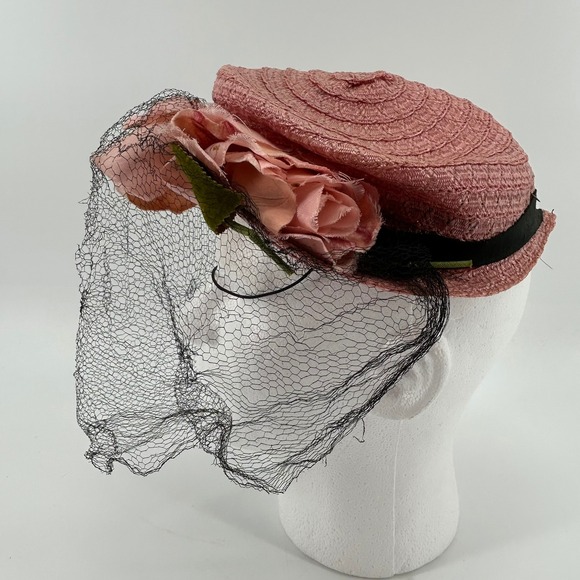 Vintage Ranleigh Model Pink Straw Pillbox Hat Black Veil Floral 1950s MidCentury - Picture 1 of 8